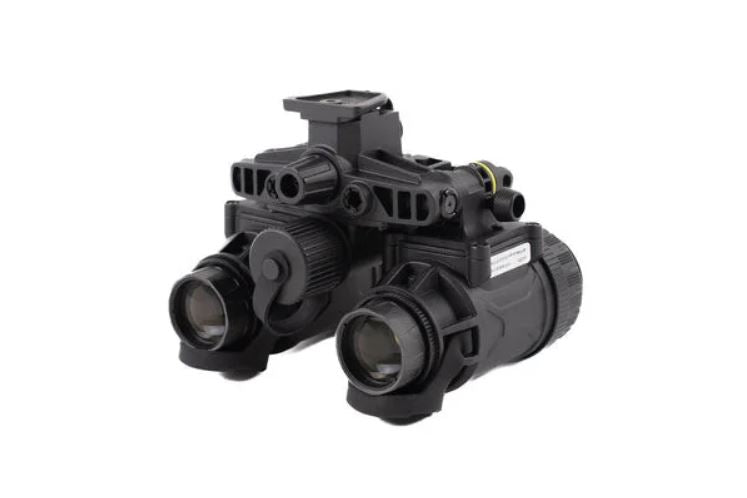 Black night vision binoculars with external IR illuminator and manual controls.
