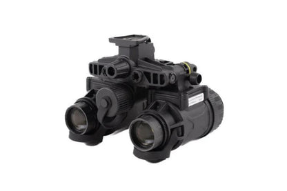 Black night vision binoculars with external IR illuminator and manual controls.